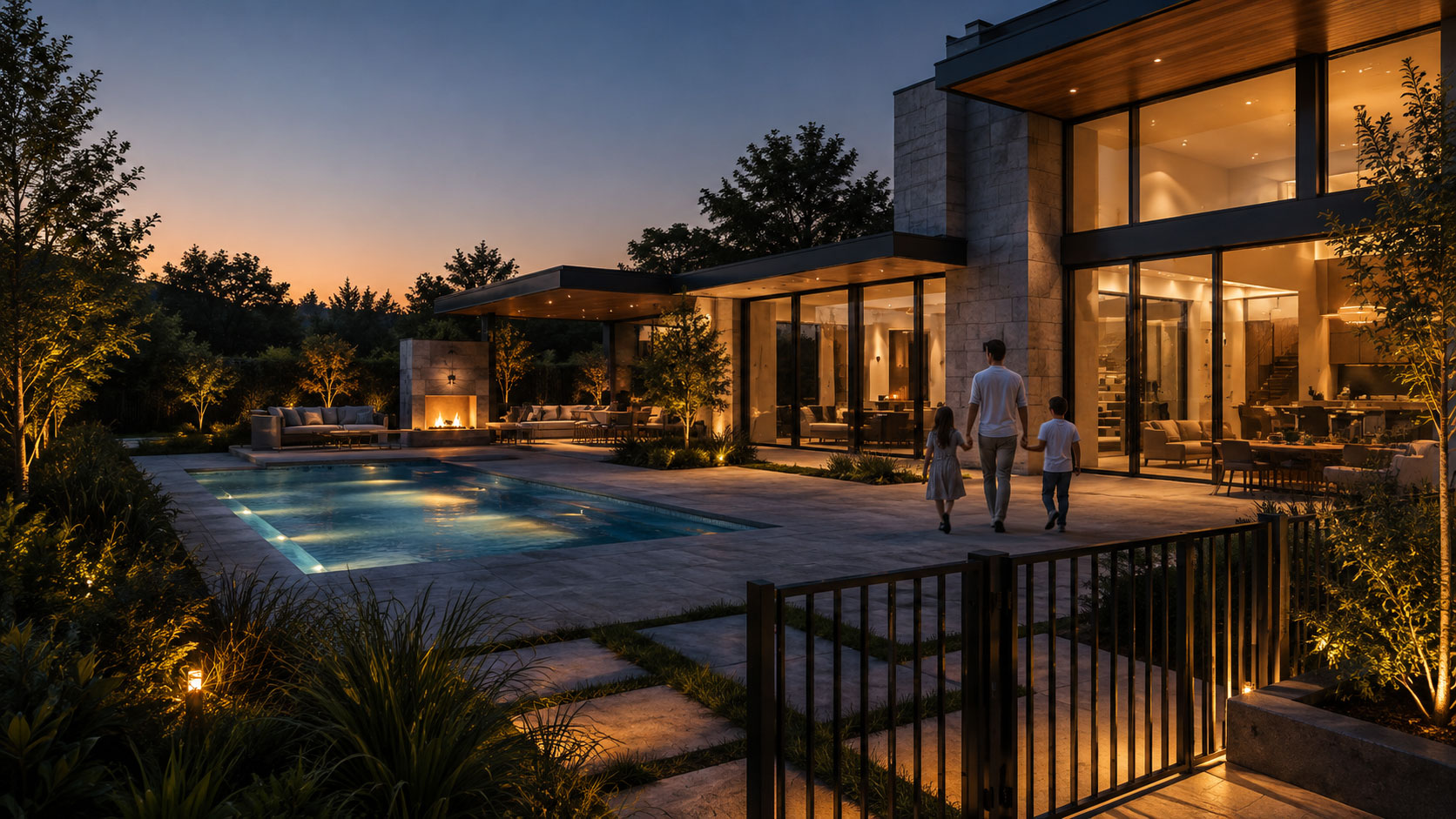 Modern house at dusk with a lit pool, an outdoor fireplace, large glass walls, and three people walking the patio.