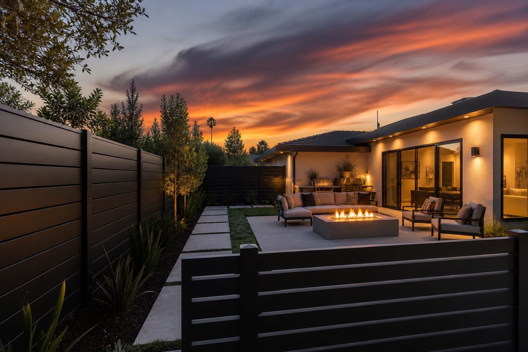 Horizontal slat fence enclosing a patio with a fire pit, outdoor seating, and a house at sunset.